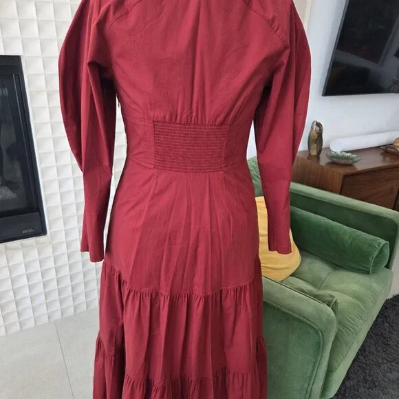 NWOT A.L.C. Fleur Long-Sleeve Tiered Cotton Dress Maroon Deep Red Suma, Size 10 - Picture 8 of 9